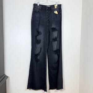 Vibrant MIU Women Baggy Wide Leg Jeans 11 Black Distressed Grunge Long Inseam